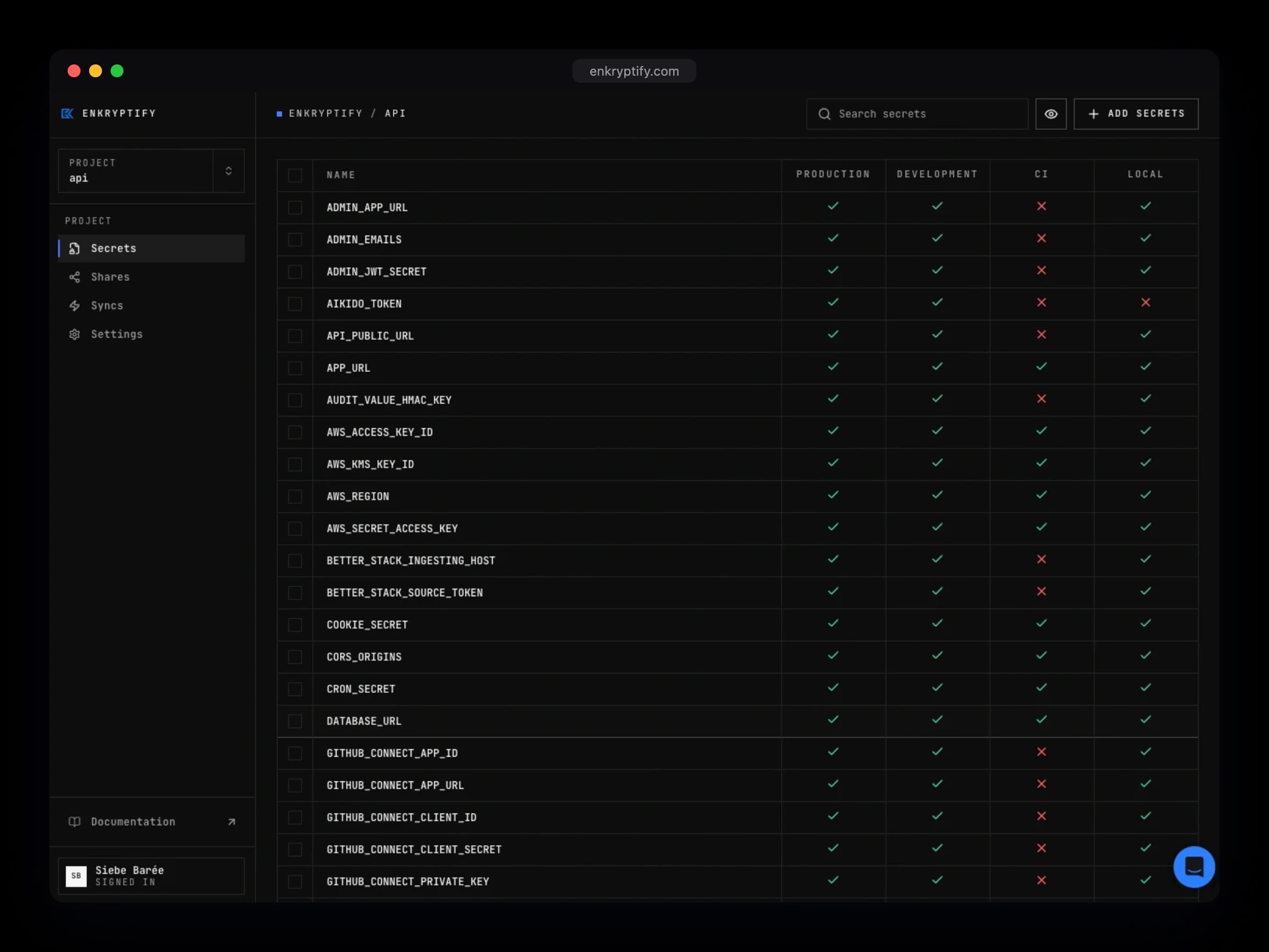 The Enkryptify dashboard listing a project's secrets and the environments each one is available in