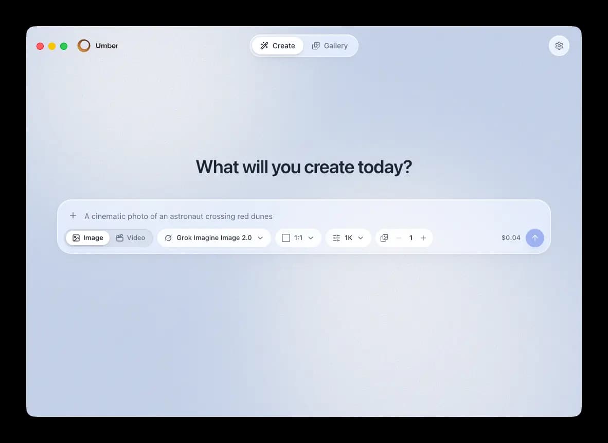 The Umber composer showing a prompt, the model picker and the exact price of a generation before it is sent
