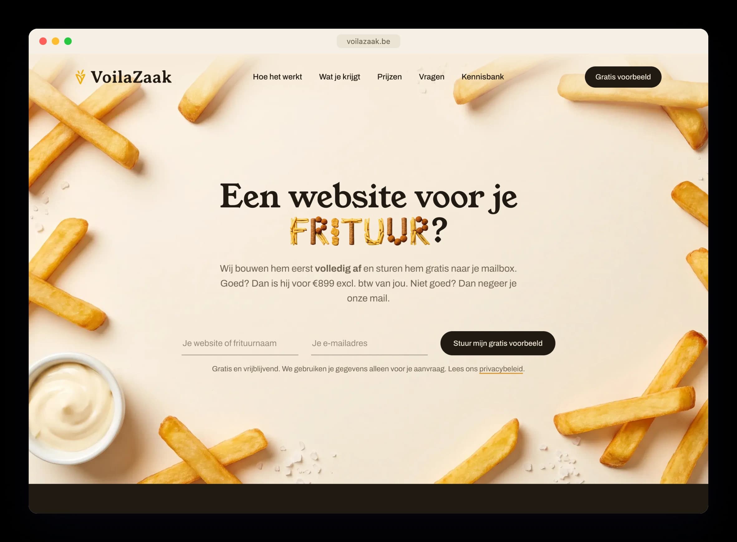 The VoilaZaak homepage offering a frituur a finished website first, surrounded by fries and a pot of mayonnaise